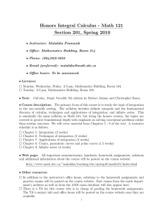 Honors Integral Calculus - Math 121 Section 201, Spring 2010