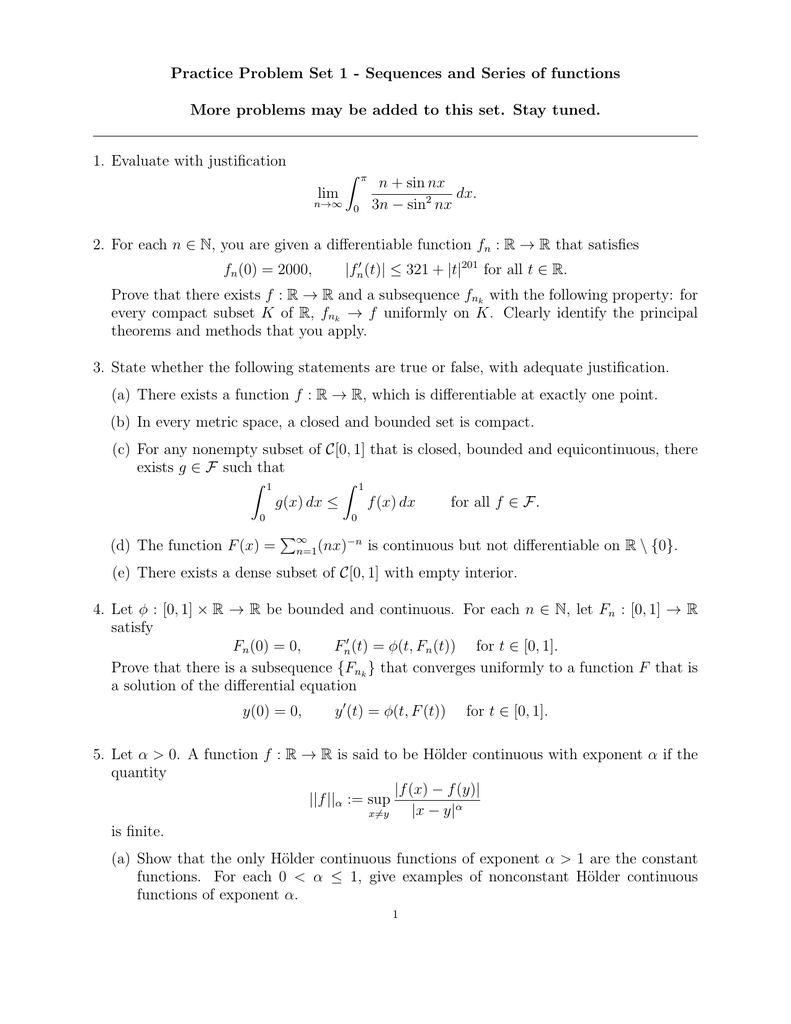 Practice Problem Set 1 Sequences And Series Of Functions