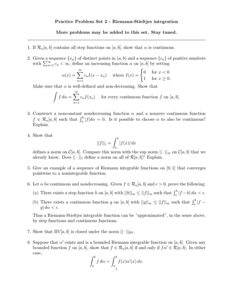 Practice Problem Set 2 Riemann Stieltjes Integration