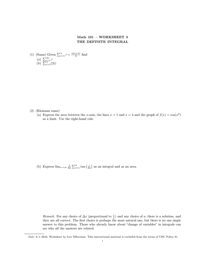 Riemann Sum Worksheet Kuta Pages Math 101 Worksheet 3 The Definite Integral P 1 Sums Given