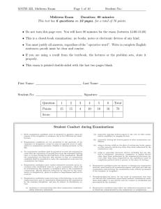 MATH 322, Midterm Exam Page 1 of 10 Student-No.: Midterm Exam