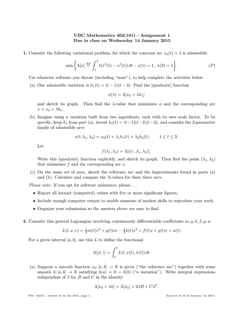 Ubc Mathematics 402 101 Assignment 1