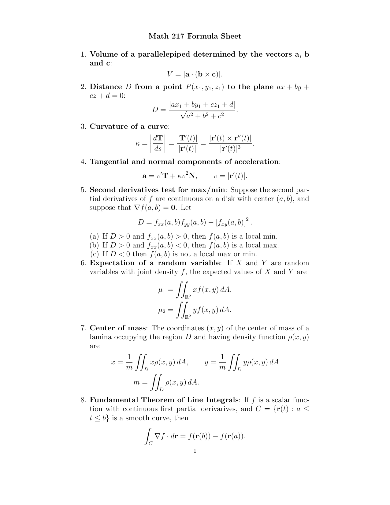 Math 217 Formula Sheet And C