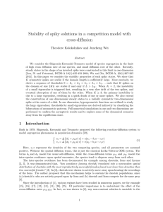 Stability of spiky solutions in a competition model with cross-diffusion