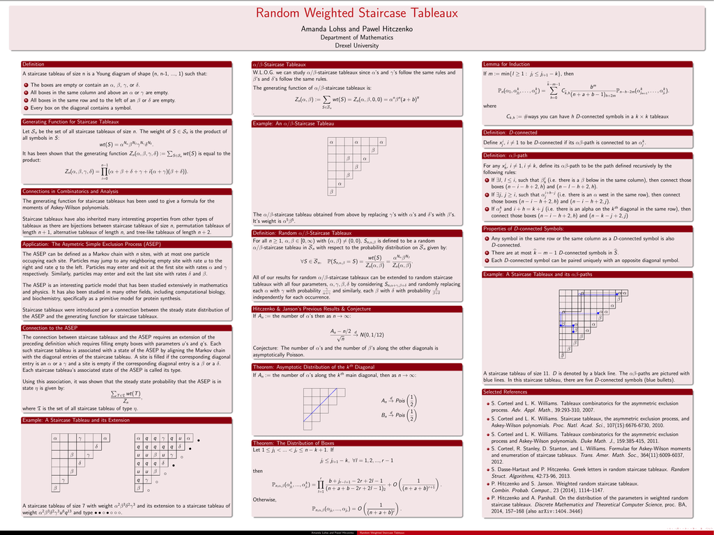 Random Weighted Staircase Tableaux Amanda Lohss And Pawel Hitczenko Department Of Mathematics