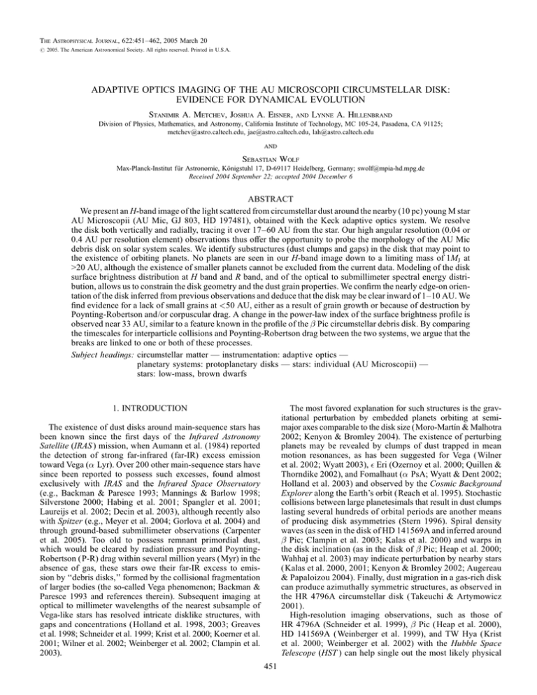 ADAPTIVE OPTICS IMAGING OF THE AU MICROSCOPII CIRCUMSTELLAR DISK: