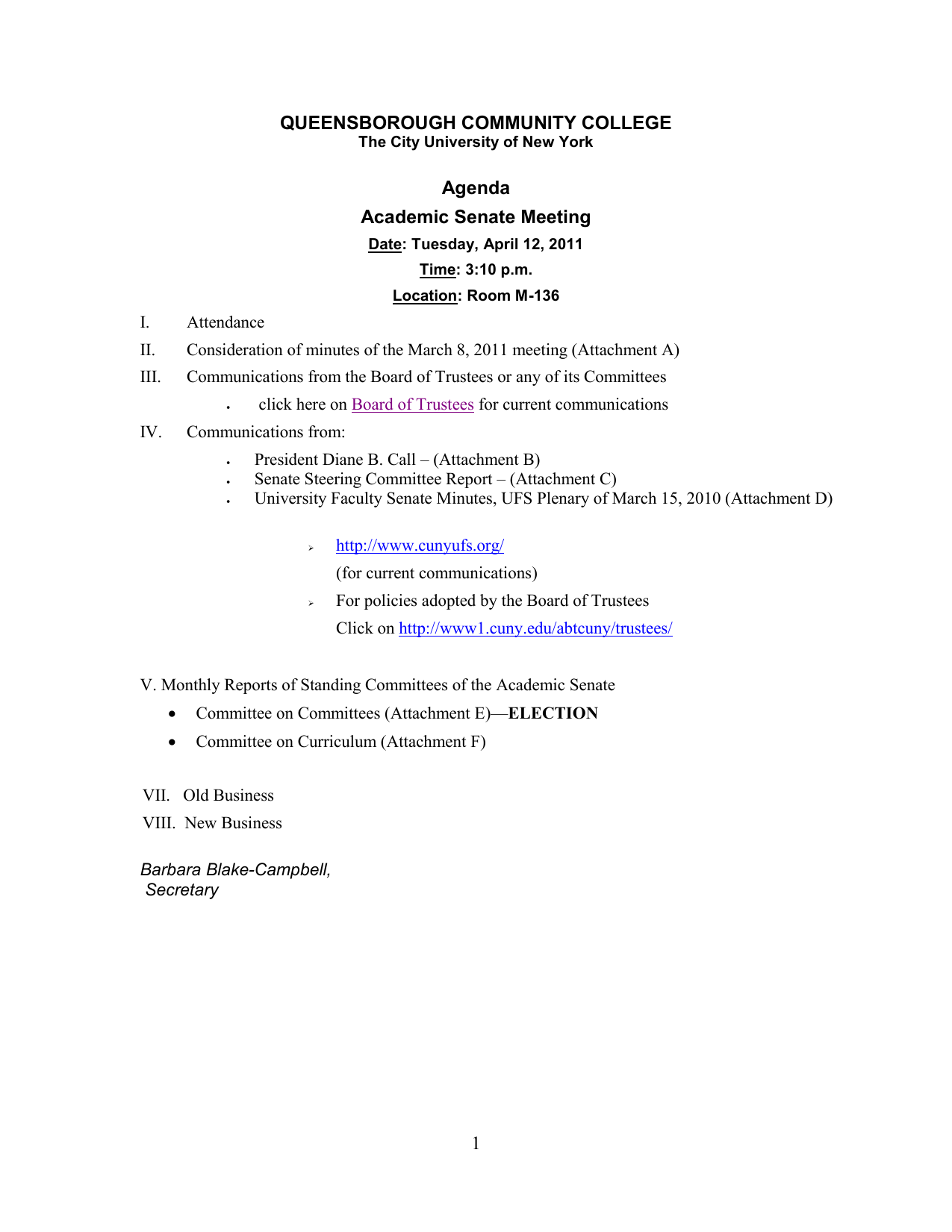 Queensborough Community College Agenda Academic Senate Meeting