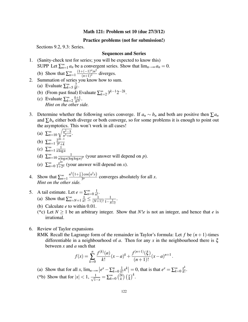 Math 121 Problem Set 10 Due 27 3 12 Sections 9 2 9 3 Series
