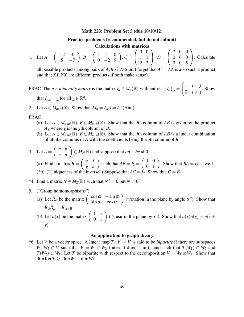 Math 223 Problem Set 5 Due 10 10 12 Calculations With Matrices
