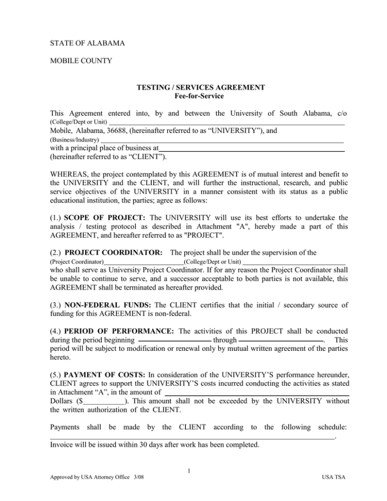 STATE OF ALABAMA MOBILE COUNTY TESTING SERVICES AGREEMENT