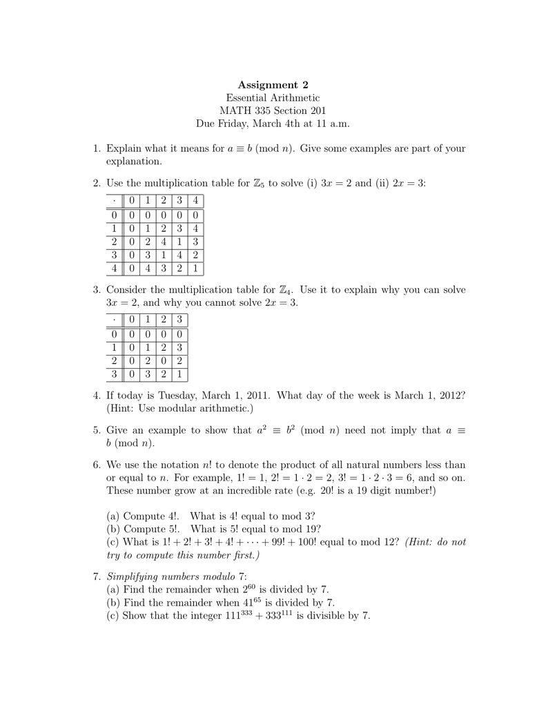 Assignment 2 Essential Arithmetic Math 335 Section 1