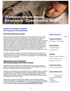 Research Compliance Updates: New Programs to Be Implemented  Export and Technology Controls: