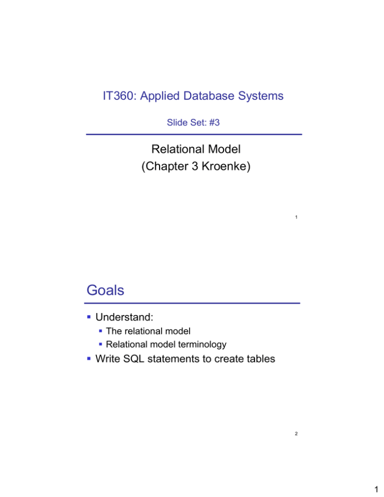 Goals IT360 Applied Database Systems Relational Model