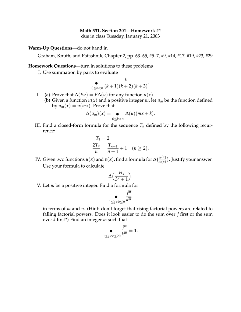 Math 331 Section 1 Homework 1 Warm Up Questions Do Not Hand In