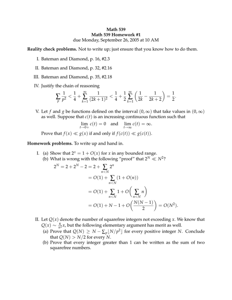 Math 539 Math 539 Homework 1 Reality Check Problems