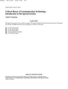 Critical Theory of Communication Technology: Introduction to the Special Section Andrew Feenberg