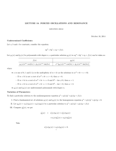 LECTURE 16: FORCED OSCILLATIONS AND RESONANCE October 10, 2014 Undetermined Coefficients: