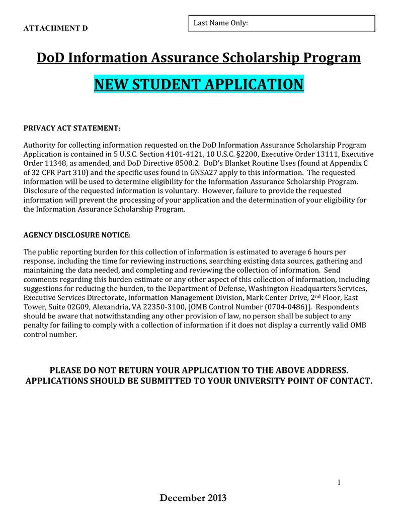 NEW STUDENT APPLICATION DoD Information Assurance Scholarship Program