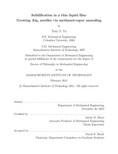 Solidification in a thin liquid film: Growing Alq needles via methanol-vapor annealing