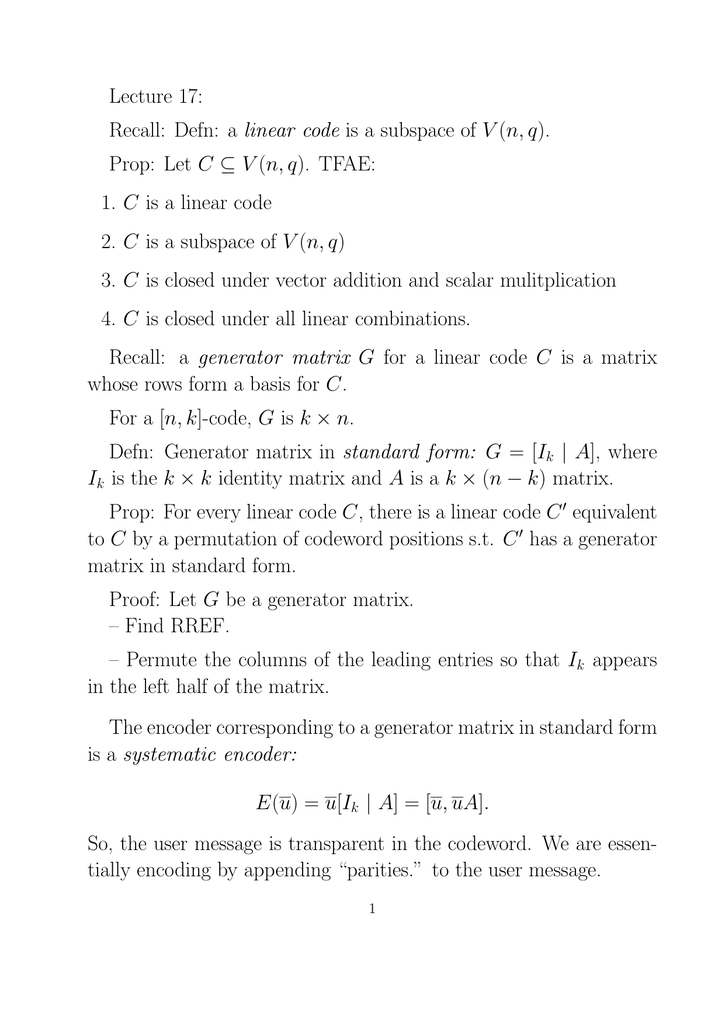 Lecture 17 Prop Let C V N Q Tfae