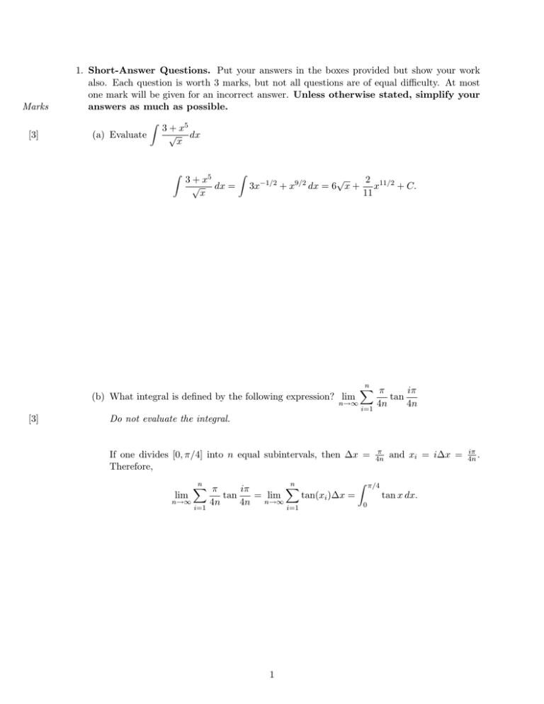 1. ShortAnswer Questions. Put your answers in the boxes provided