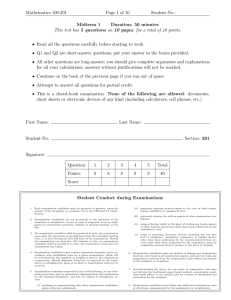 Mathematics 100-201 Page 1 of 10 Student-No.: Midterm 1