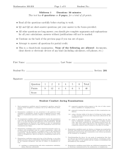 Mathematics 100-201 Page 1 of 9 Student-No.: Midterm 1