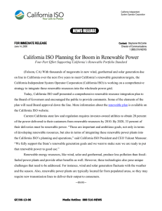 California ISO Planning for Boom in Renewable Power NEWS RELEASE
