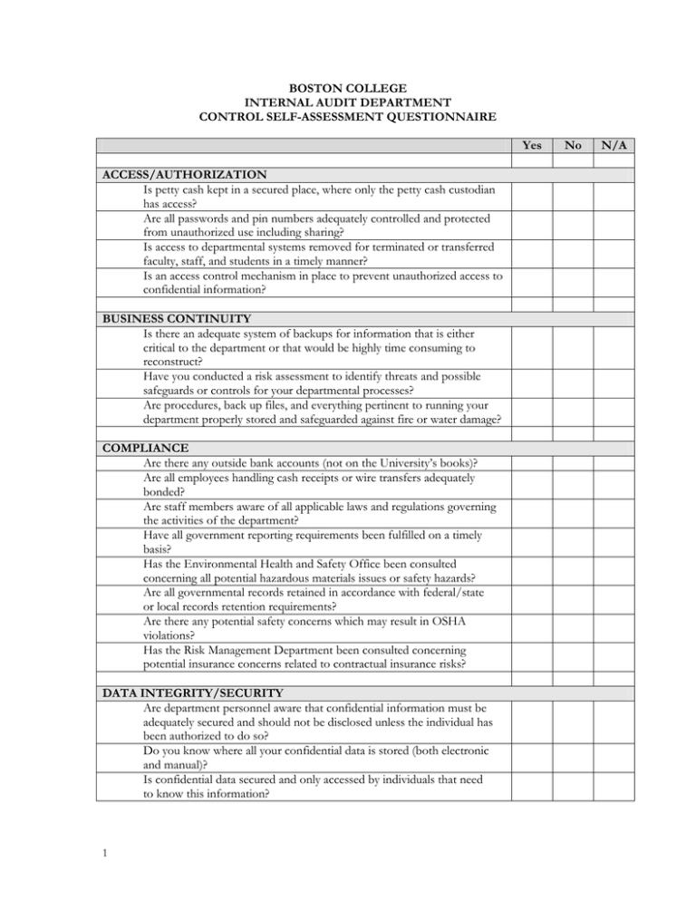 Internal Audit Questionnaire Example