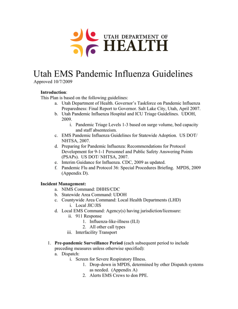 Utah EMS Pandemic Influenza Guidelines