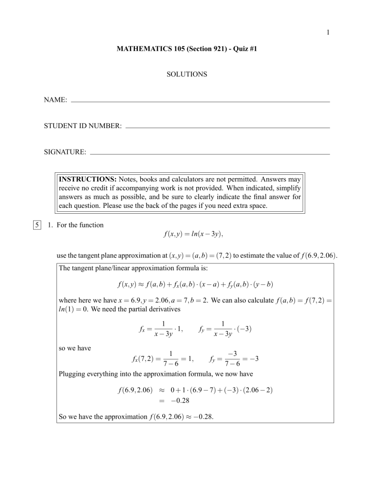 1 SOLUTIONS NAME STUDENT ID NUMBER 