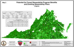 Potential for Forest Stewardship Program Benefits and Existing Stewardship Plans Map 2 Virginia