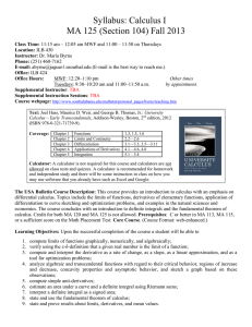 Syllabus: Calculus I MA 125 (Section 104) Fall 2013