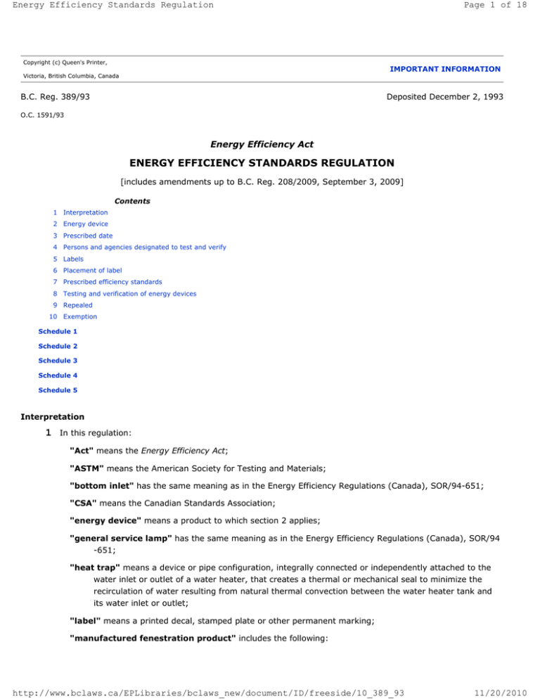 ENERGY EFFICIENCY STANDARDS REGULATION Page 1 Of 18 Energy Efficiency 