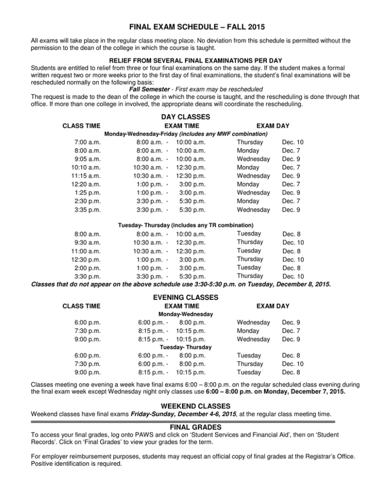 FINAL EXAM SCHEDULE FALL 2015