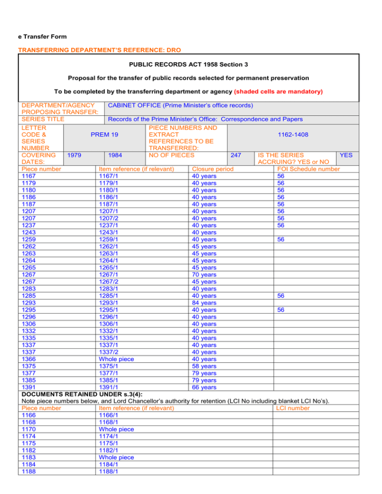 E Transfer Form PUBLIC RECORDS ACT 1958 Section 3