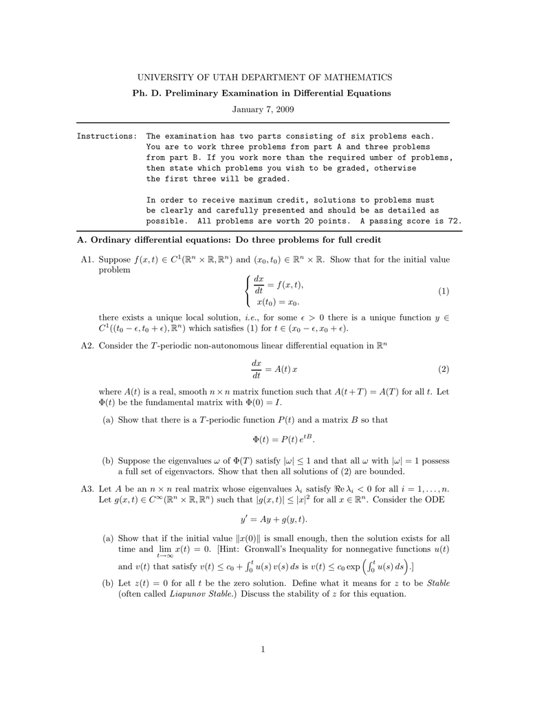 University Of Utah Department Of Mathematics January 7 09