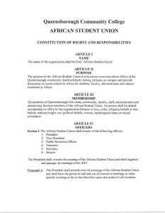 Queensborough Community College AFRICAN STUDENT UNION CONSTITUT[ON OF RIGHTS AND RESPONSIBILITIES ARTICLE I