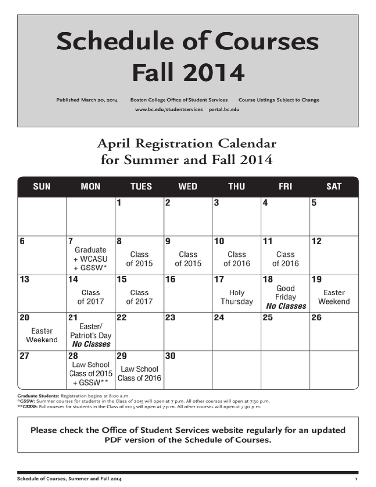 Schedule Of Courses Fall 2014 Schedule Of Courses Fall 2014