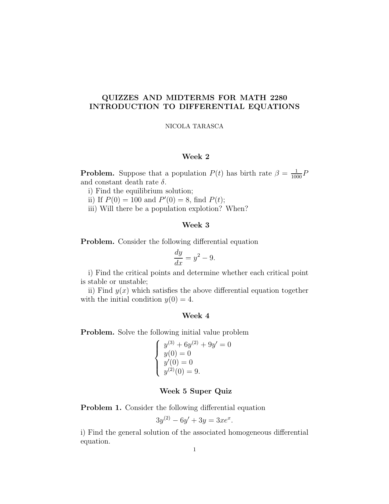 Quizzes And Midterms For Math 2280 Introduction To Differential Equations Week 2