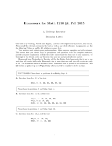 Homework for Math 1210 §4, Fall 2015 A. Treibergs, Instructor