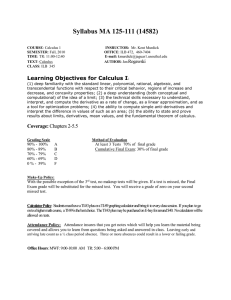 Syllabus MA 125-111 (14582)  Learning Objectives for Calculus I Rogawski
