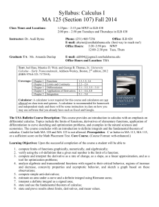 Syllabus: Calculus I MA 125 (Section 107) Fall 2014