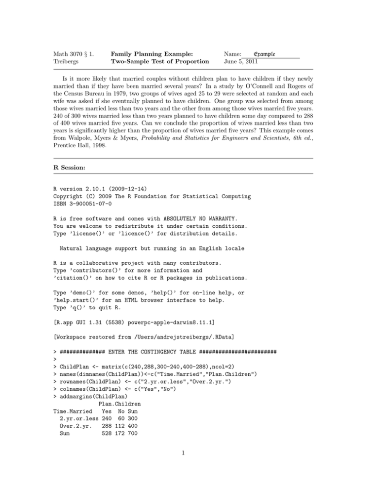Math 3070 1 Family Planning Example Name Example