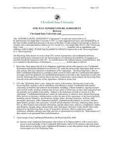 ONE WAY NONDISCLOSURE AGREEMENT Between Cleveland State University and