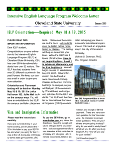 IELP Orientation—Required  May 18 &amp; 19, 2015 Cleveland State University