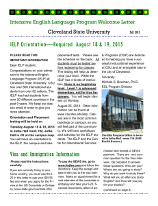 IELP Orientation—Required  August 18 &amp; 19, 2015 Cleveland State University