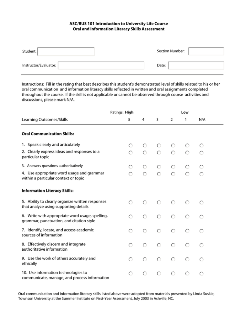 ASC/BUS 101 Introduction to University Life Course