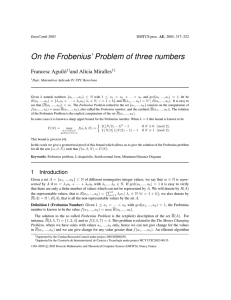 On the Frobenius’ Problem of three numbers Francesc Aguil´o and Al´ıcia Miralles