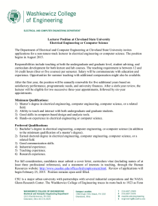 The Department of Electrical and Computer Engineering at Cleveland State... applications for a non-tenure-track lecturer in electrical engineering or computer... Lecturer Position at Cleveland State University